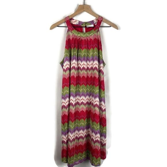 NEW YORK & CO Knit Zigzag Multicolor Lined Tank Dress With Belt Pink Size Large - Picture 1 of 10